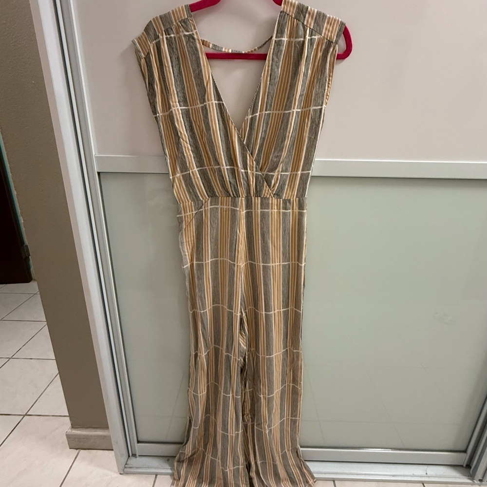 Tan and White Striped Jumpsuit with Relaxed Fit